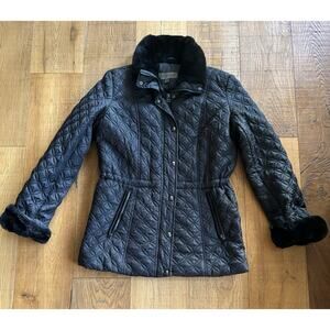 Andrew Marc New York Quilted Coat Black Faux Fur Trim Women's Sz M Winter Warm